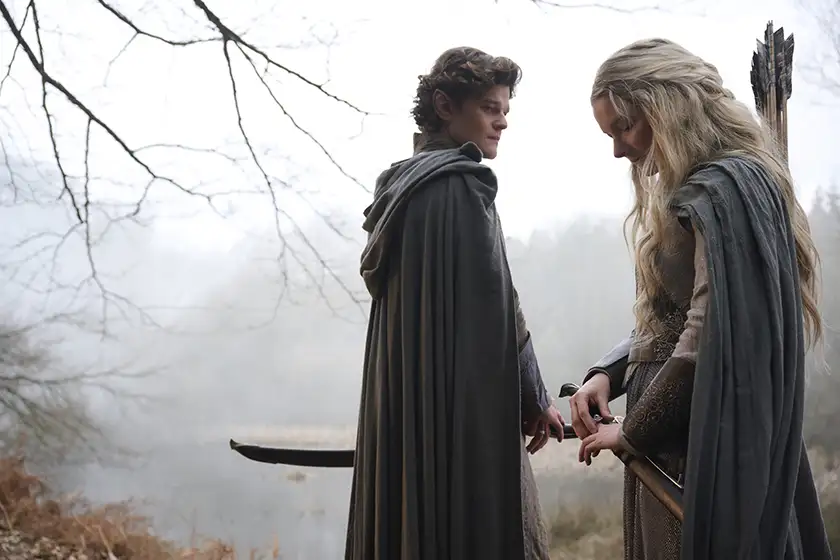 Robert Aramayo as Elrond and Morfydd Clark as Galadriel in The Lord of the Rings: The Rings of Power Season 2