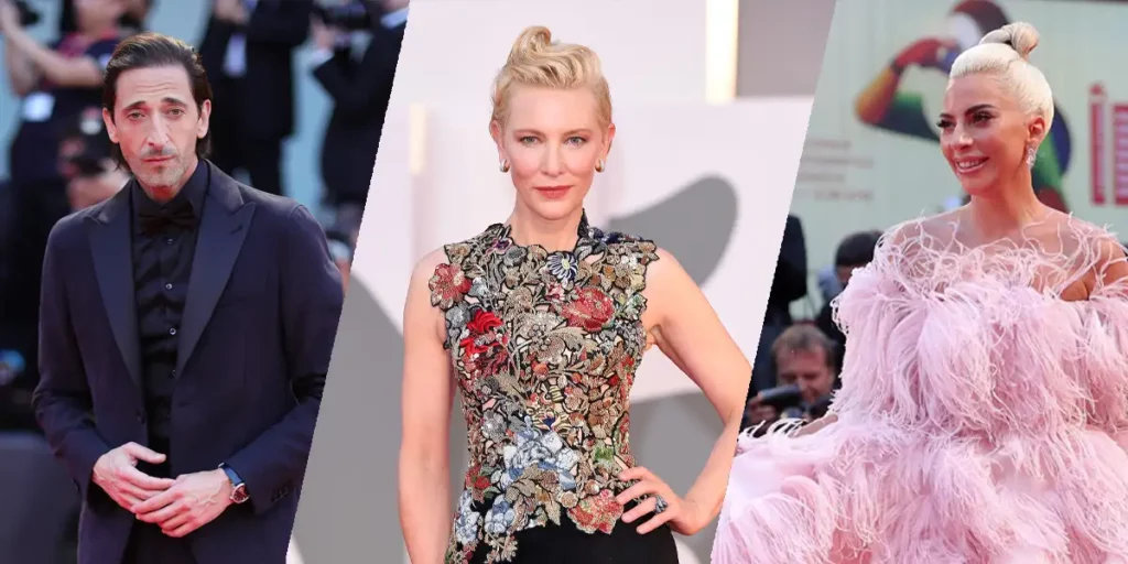 Adrien Brody, Cate Blanchett and Lady Gaga, all stars confirmed in attendance at the 2024 Venice Film Festival, shown walking down red carpets