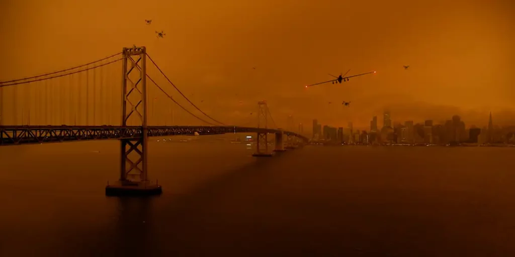 A shot of a bridge on the water against an orange sky in Asif Kapadia's dystopian film 2073