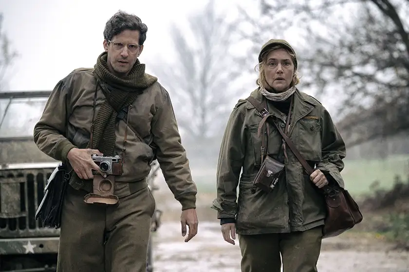 Andy Samberg as David E. Scherman and Kate Winslet as Lee Miller in Lee