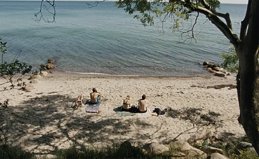 Four people sit on the beach, facing the sea, in a shot seen from above, behind them, in the film My Eternal Summer