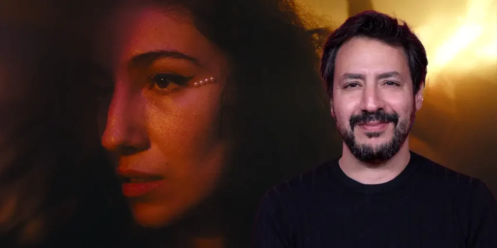 Director Mehdi Barsaoui and a still from the film Aïcha featuring a woman with long black hair