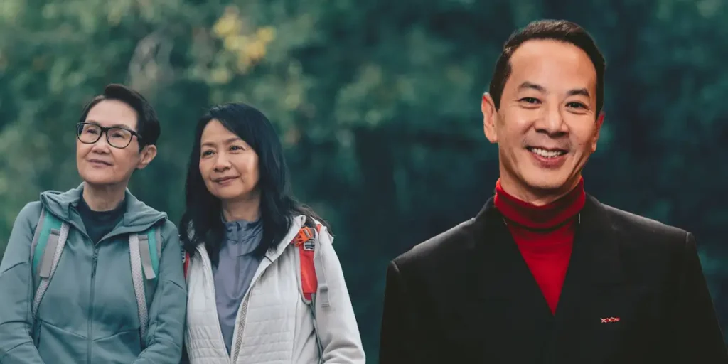 Two women pose together looking serene in a still from All Shall Be Well, and a picture of director Ray Yeung at the Berlinale premiere of the film in Kino International