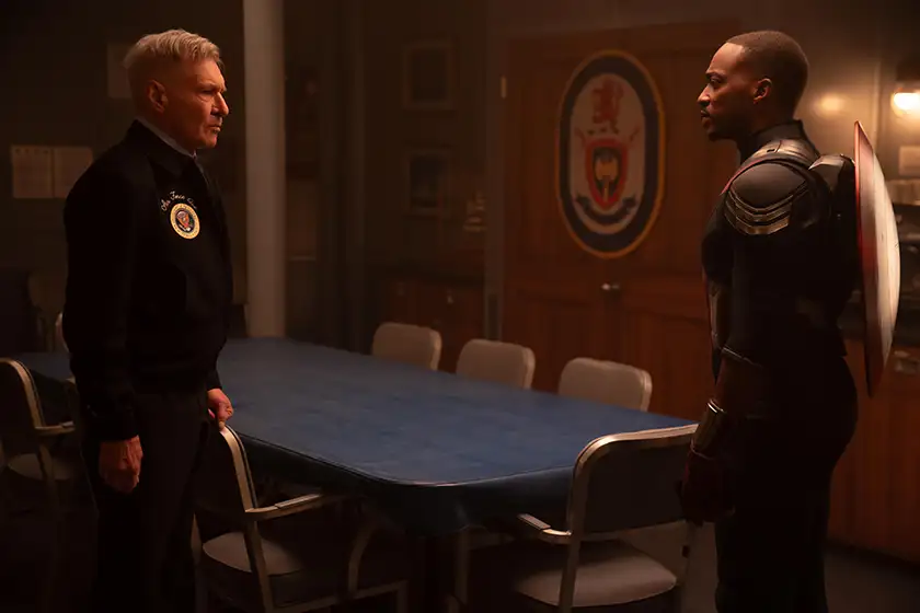 Harrison Ford as President Thaddeus Ross and Anthony Mackie as Sam Wilson/Captain America in Captain America: Brave New World, in a photo featured in an article on everything we know about the movie