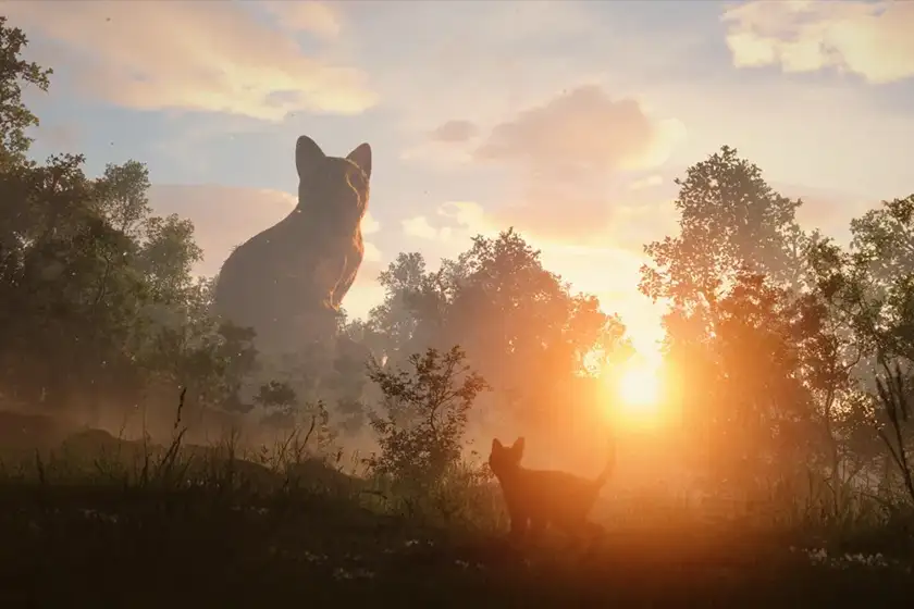 A cat looks at a cat statue in Flow, in an image from the film featured on the Loud and Clear interview with director Gints Zibalodis