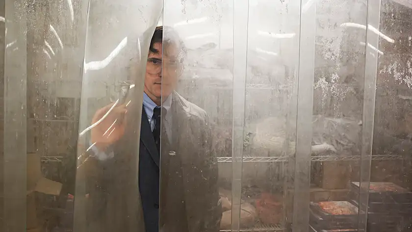 A man peeks from behind a transparent curtain in The House That Jack Built, one of the 10+ movies to watch at Halloween 2024 according to Loud and Clear Reviews