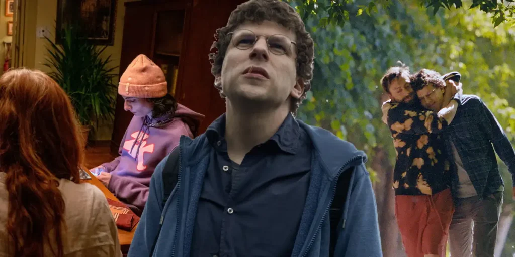 Two stills of A Real Pain and When You Finish Saving the World with the outline of director Jesse Eisenberg in between them