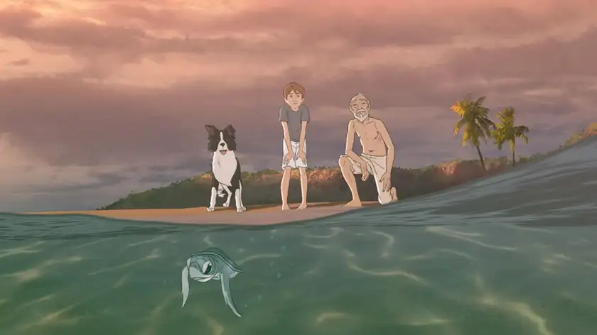 A boy, an old man and a Border Collie lean looking at the water in a still from the film Kensuke's Kingdom, whose directors, Kirk Hendry and Neil Boyle, we interview