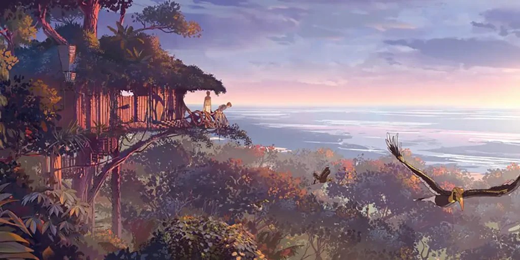 A beautiful animated landscape in a still from the film Kensuke's Kingdom, whose directors, Kirk Hendry and Neil Boyle, we interview