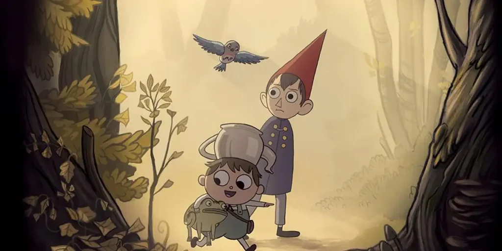 A boy with a teacup on his head, a taller boy with a pointy hat, a bird and a frog walk through the woods in a still from the animated series Over the Garden Wall