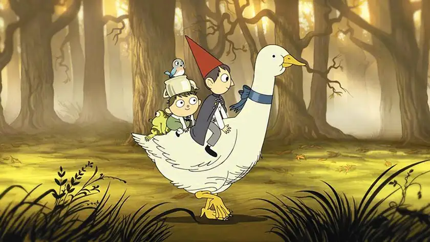 Two boys, a frog, and a bird ride a giant goose in a still from the animated series Over the Garden Wall