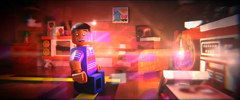 Pharrell Williams as a lego piece listens to the radio in the 2024 film Piece by Piece