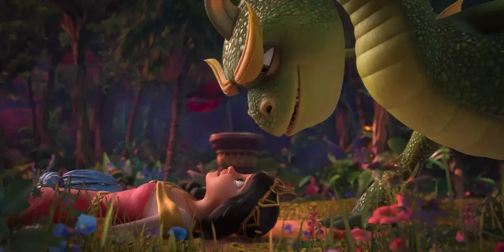 A princess lies on the ground with a dragon looking down at her with a smile in a still from the 2024 animated film rebellious