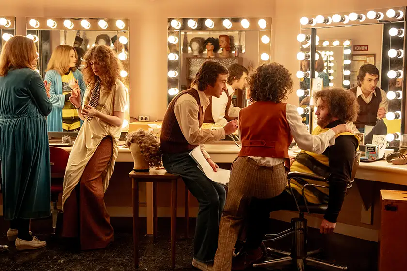 Jane Curtin (Kim Matula), Laraine Newman (Emily Fairn), Lorne Michaels (Gabriel LaBelle), Rosie Shuster (Rachel Sennott), and John Belushi (Matt Wood) in the Makeup Room in the 2024 movie SATURDAY NIGHT