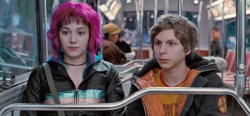 Scott Pilgrim and Ramona Flowers sit on a bus in a still from Scott Pilgrim vs. The World