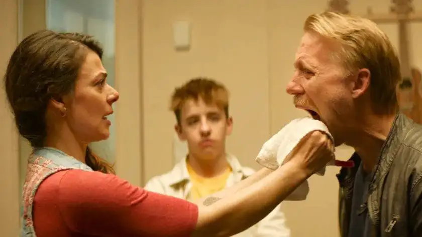 Thorbjørn Harr as "Supervisor" and Theo Dahl as his son visit a singing teacher (Nasrin Khusrawi) in a still from the movie Sex, whose director, Dag Johan Haugerud, we interview