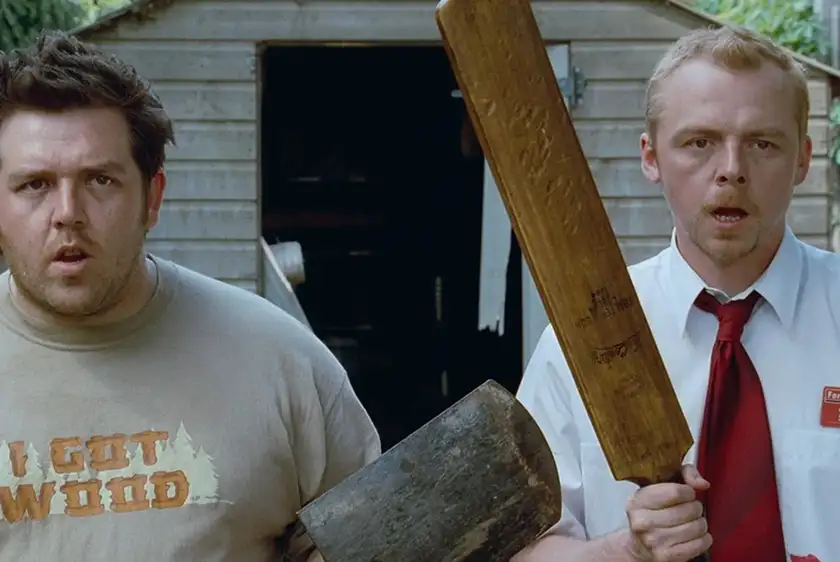 Nick Frost and Simon Pegg hold cricket bats in Shaun of the Dead