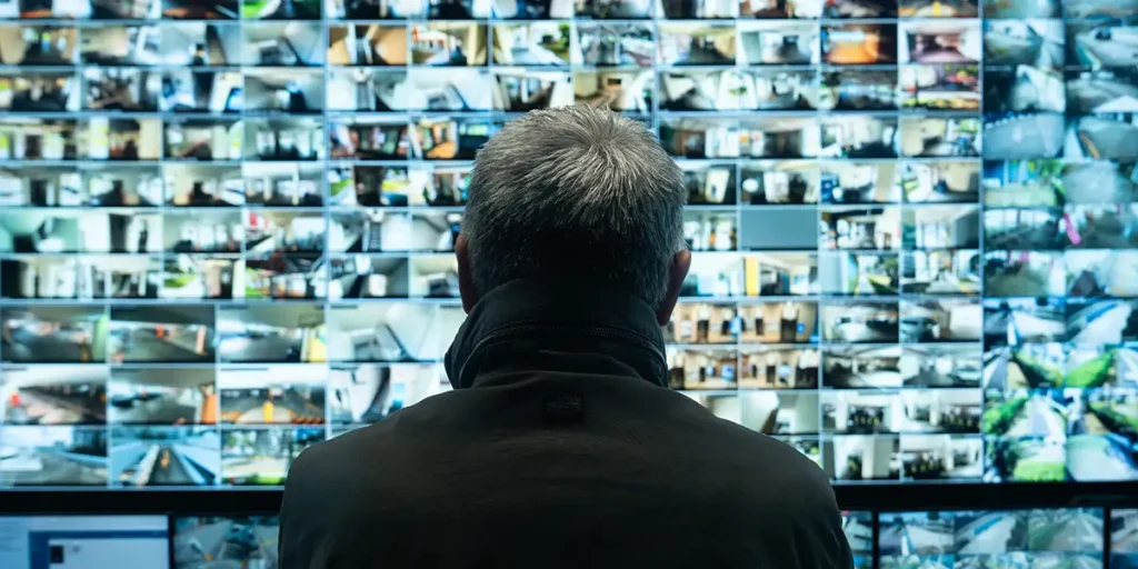 A man looks at many tv screens in Stranger Eyes