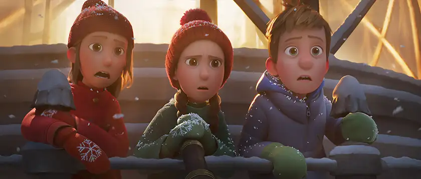 Three children wear winter clothes in a still from the Netflix animated movie That Christmas