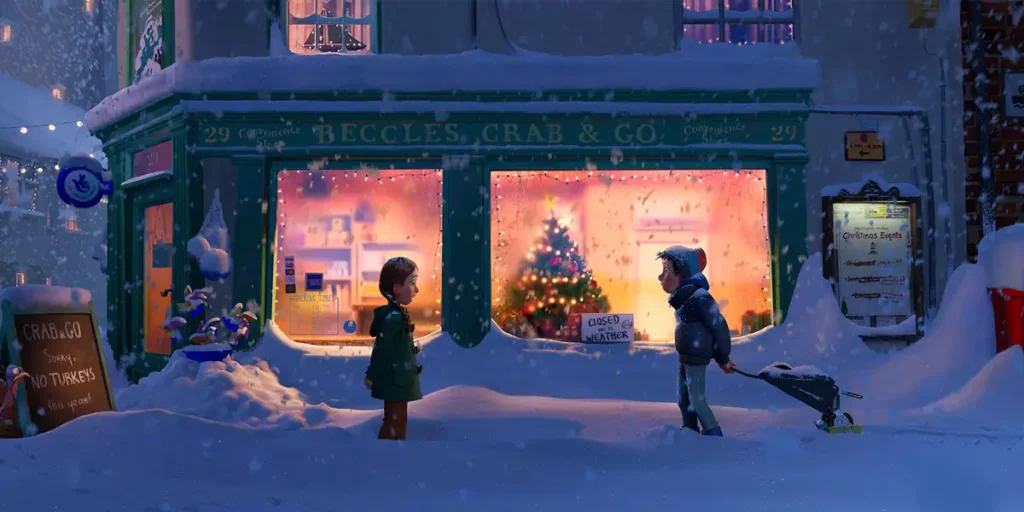 Two children stand outdoors in the snow in front of a shop with a Christmas tree in it, in a still from the Netflix animated movie That Christmas