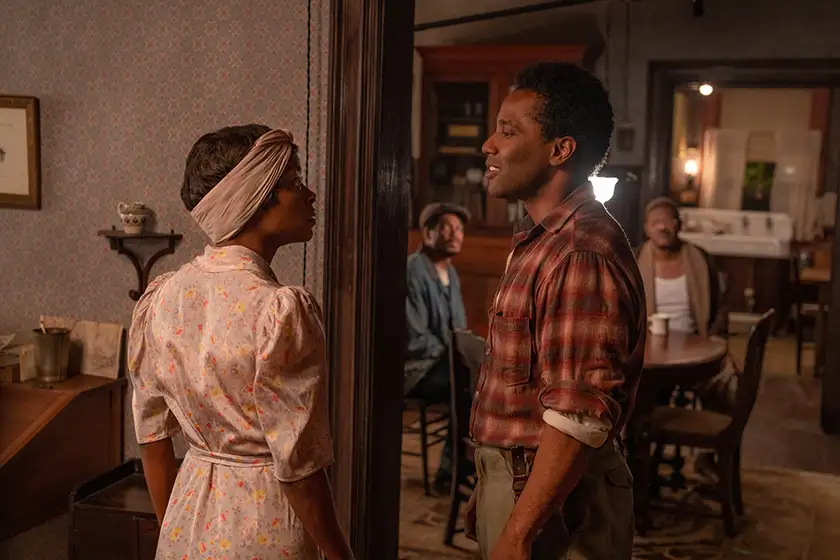 Danielle Deadwyler as Berniece, John David Washington as Boy Willie, Ray Fisher as Lymon and Samuel L. Jackson as Doaker Charles in The Piano Lesson