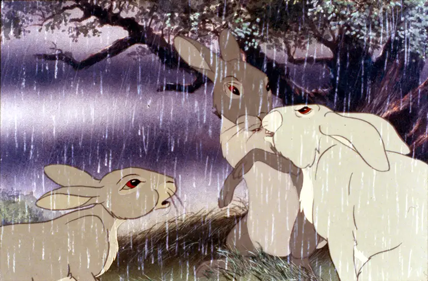 Three bunnies look at each other in the rain in a still from the 4K restoration of Watership Down