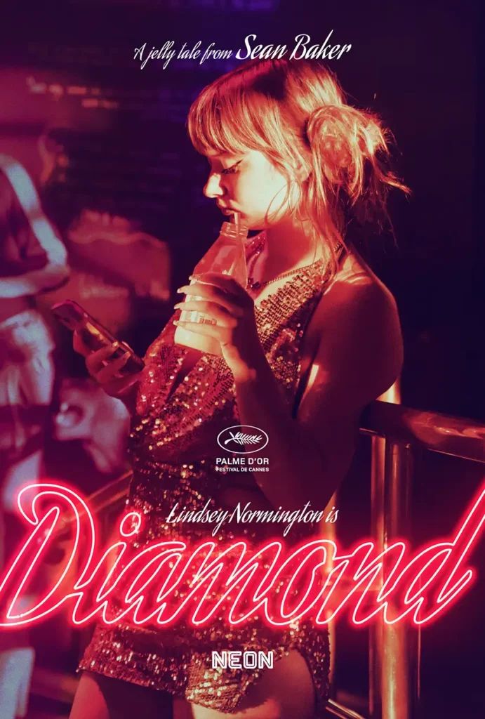 Diamond, played by Lindsey Normington, in one of the official character posters for Sean Baker's movie Anora