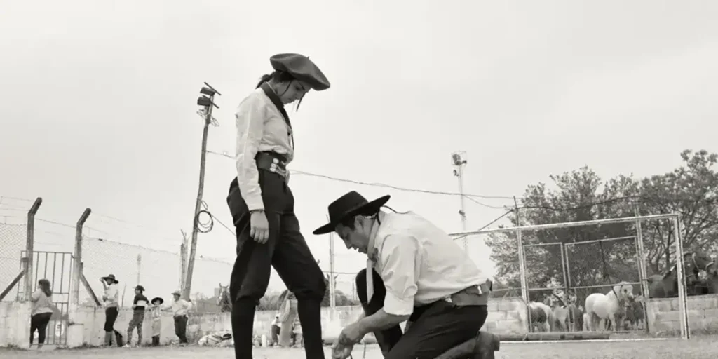 A man fixes the shoes of a gaucha in a still from the film Gaucho Gaucho