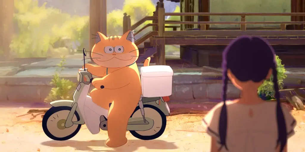 A cat rides a motorbike and smiles at a girl with braided hair in the animated film Ghost Cat Anzu