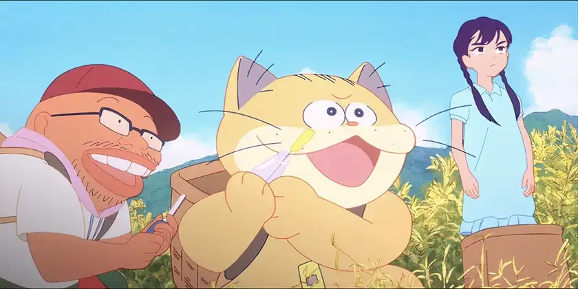 A cat and a man play use utensils while a girl stands behind them looking annoyed in the animated film Ghost Cat Anzu