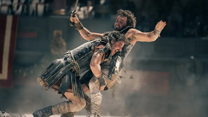 Pedro Pascal plays General Acacius and Paul Mescal plays Lucius in Gladiator II