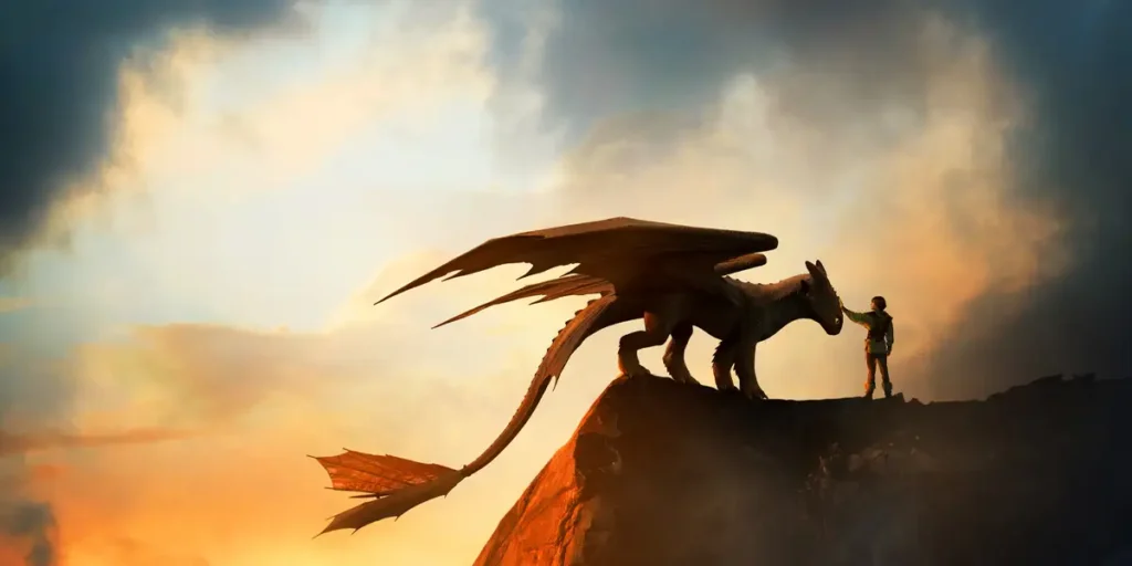 A boy touches a dragon's face on a rock in the official poster for the How to Train Your Dragon live action adaptation, which we explore everything we know about in this article