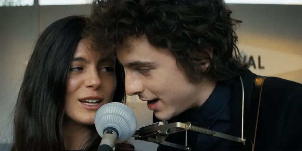 Timothée Chalamet and Monica Barbaro in A Complete Unknown