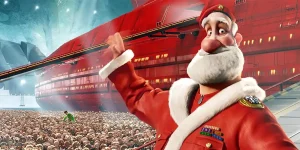 Santa waves to a train in an animated still from the film Arthur Christmas