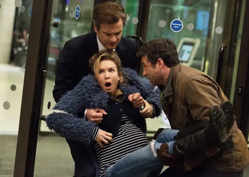 Renée Zellweger, Colin Firth and Patrick Dempsey in Bridget Jones’s Baby, one of the Bridget Jones Movies Ranked from Worst to Best in this article