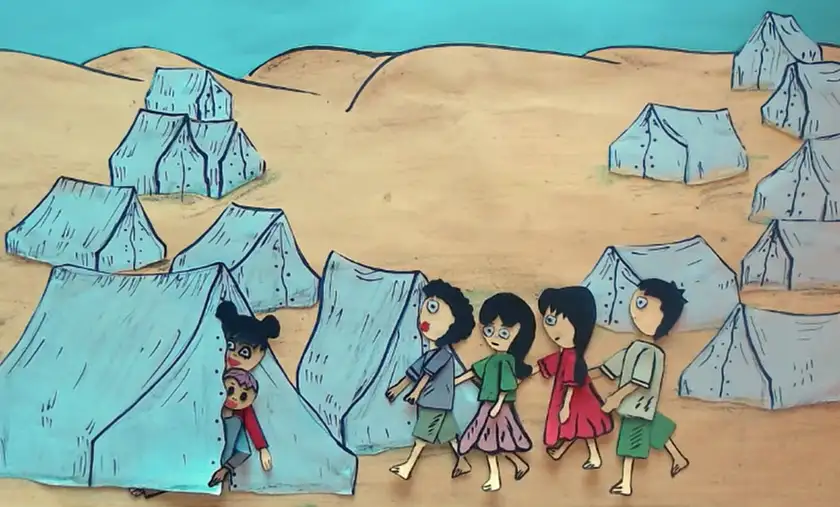 An animated still of six outlines of people walking into tents in the desert in a still from the film From Ground Zero