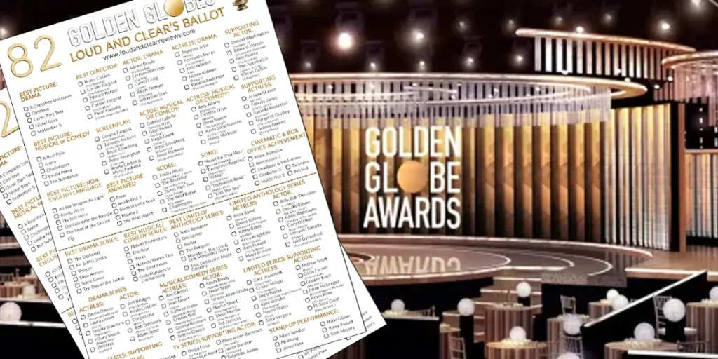 2025 Golden Globes predictions ballot sheet made by Loud and Clear Reviews