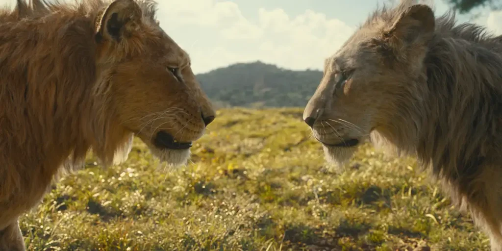 Mufasa (voiced by Aaron Pierre) and Taka (voiced by Kelvin Harrison Jr.) in Mufasa: The Lion King