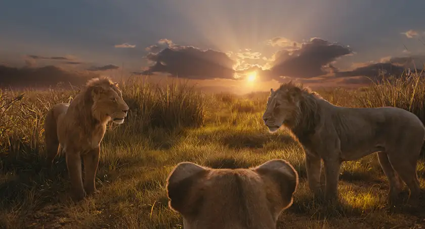 L-R): Taka (voiced by Kelvin Harrison Jr.), Sarabi (voiced by Tiffany Boone), Rafiki (voiced by Kagiso Lediga), and Mufasa (voiced by Aaron Pierre) in Disney’s live-action Mufasa: The Lion King