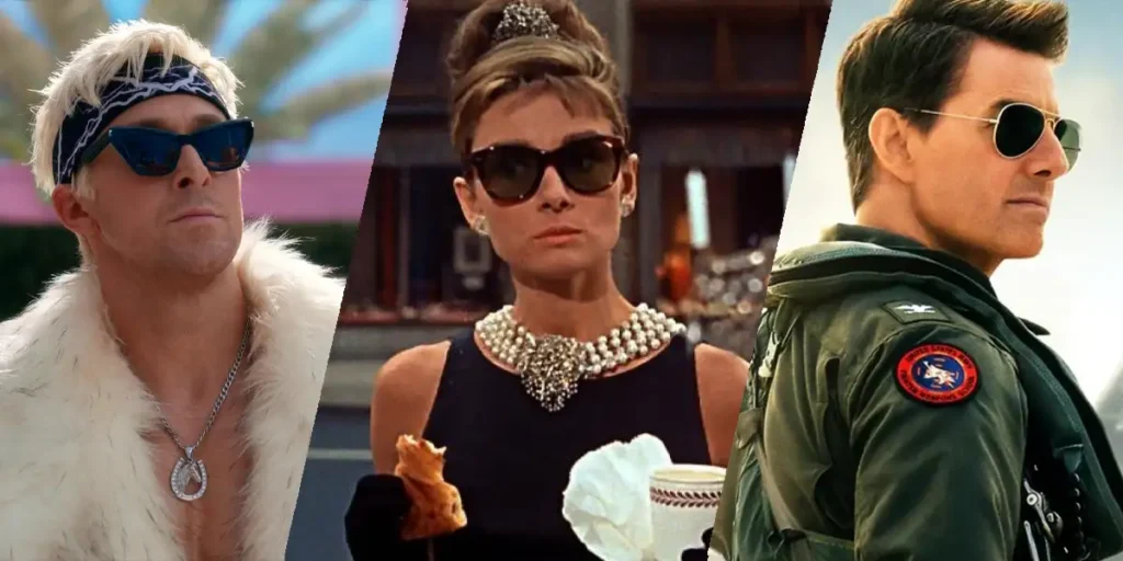 Ryan Gosling, Audrey Hepburn and Tom Cruise wearing iconic sunglasses as Ken, Holly Golightly and Maverick in movies