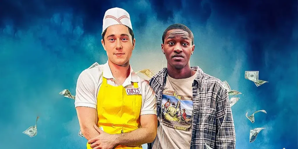 A white chef and a black man stand against a blue background in the poster of the movie All That Glitters