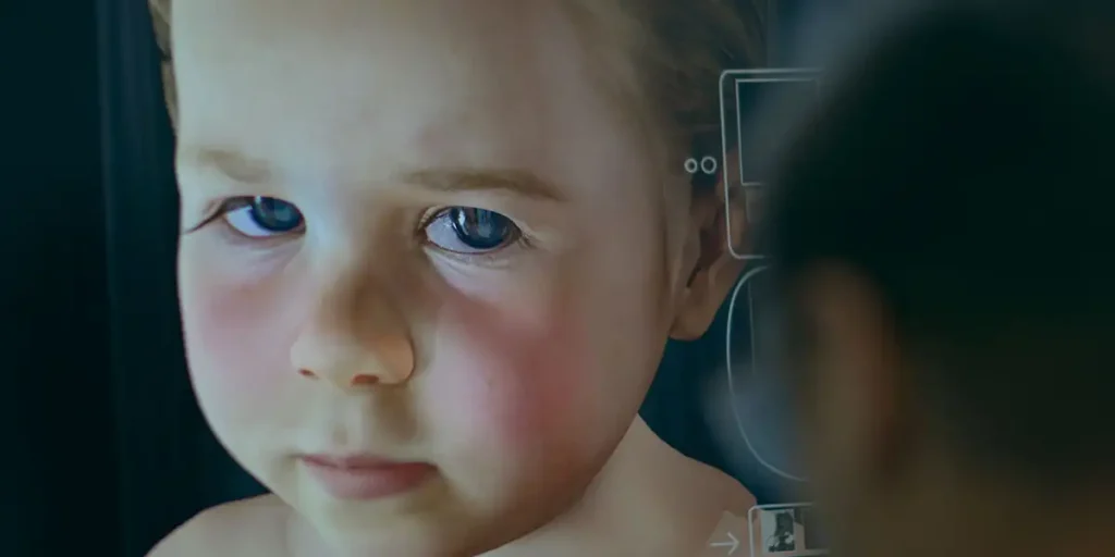 An AI-generated baby with blue eyes in a still from the 2025 film Eternal You