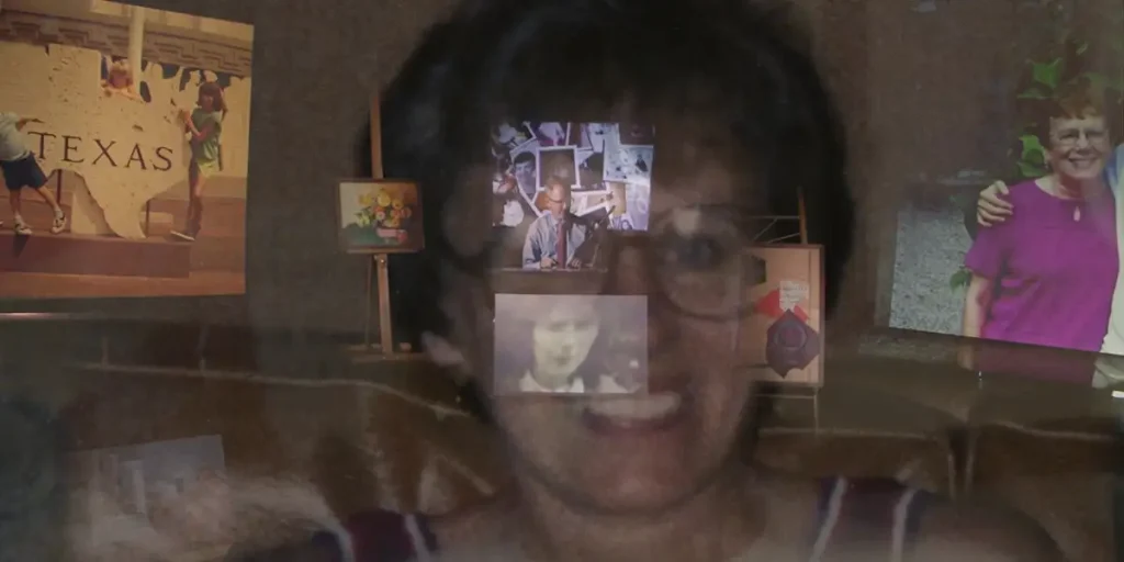 The face of a woman is overlayed on various screens and memories in the film Time Passages