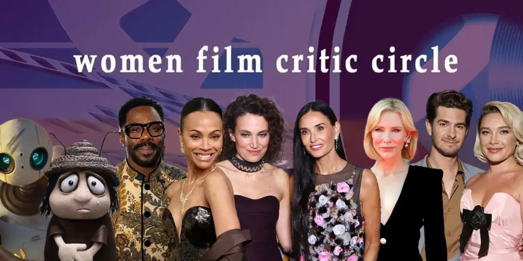 The WFCC logo, with nine outlines of celebrities who are on the Women Film Critics Circle Awards 2024 Winners List