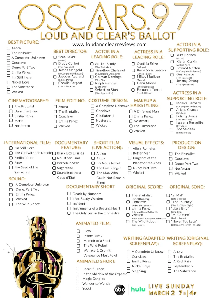 Loud and Clear Reviews' printable ballot sheet for the 2025 Oscars