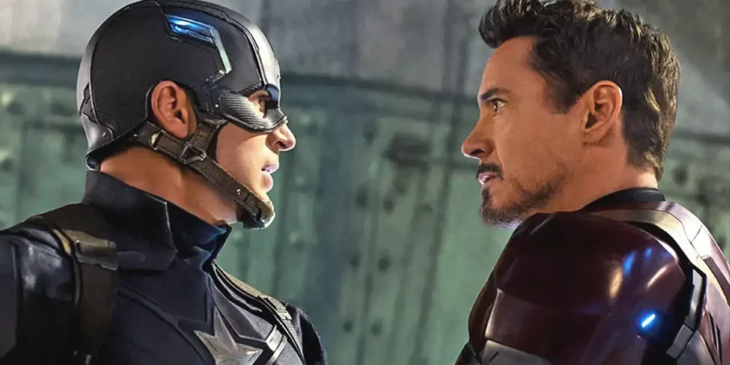 Steve Rogers and Tony Stark face each other in a scene from Captain America: Civil War, one of the reasons why the movie still holds up