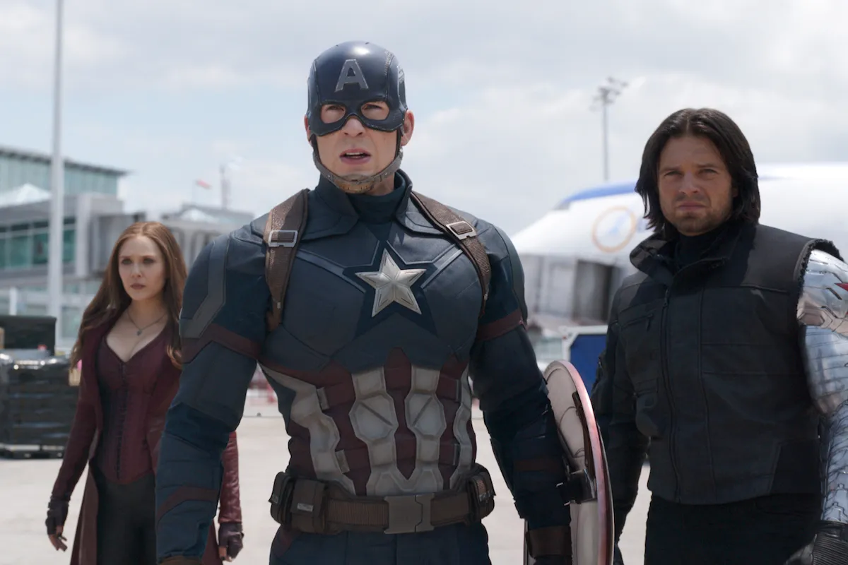 Elizabeth Olsen, Chris Evans and Sebastian Stan as Wanda, Captain America and Bucky Barnes, one of the reasons why Captain America: Civil War still holds up, in a scene from the movie