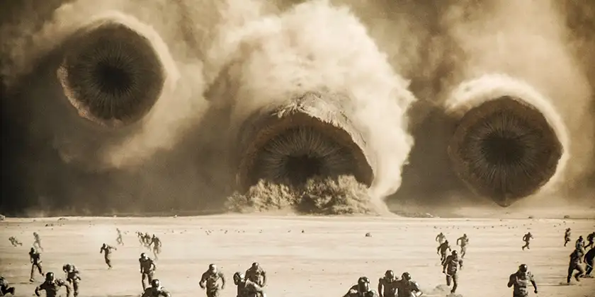 Three sandworms in Dune: Part Two, one of the films that will, could, or should win at the 2025 Oscars according to Loud and Clear Reviews