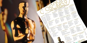 Loud And Clear Reviews' Oscars 2025 ballot sheet with a picture of an Academy Award behind it