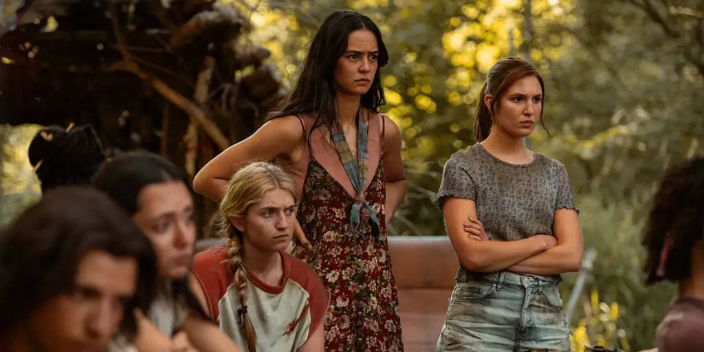 Kevin Alves as Teen Travis, Anisa Harris as Teen Robin, Jenna Burgess as Teen Melissa, Courtney Eaton as Teen Lottie and Sophie Nélisse as Teen Shauna in Yellowjackets season 3 episode 4